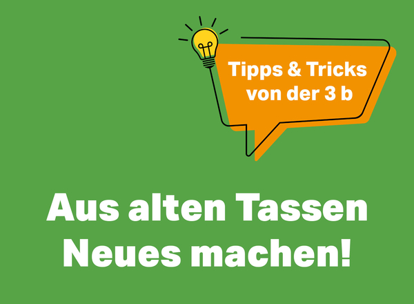 Startmotiv mit Sprechblase "Tipps und Tricks der 3 b" und Ideensymbol Glühbirne.